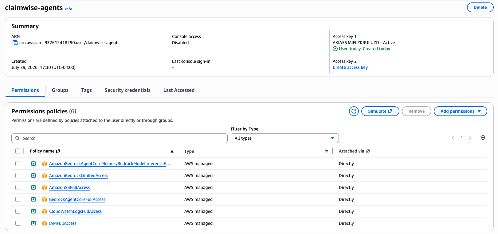 IAM permissions after granting CloudWatchLogsFullAccess