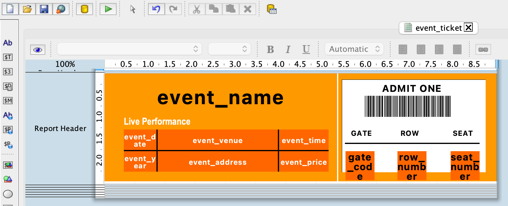 Ticket Design in Pentaho Report Designer Desktop IDE